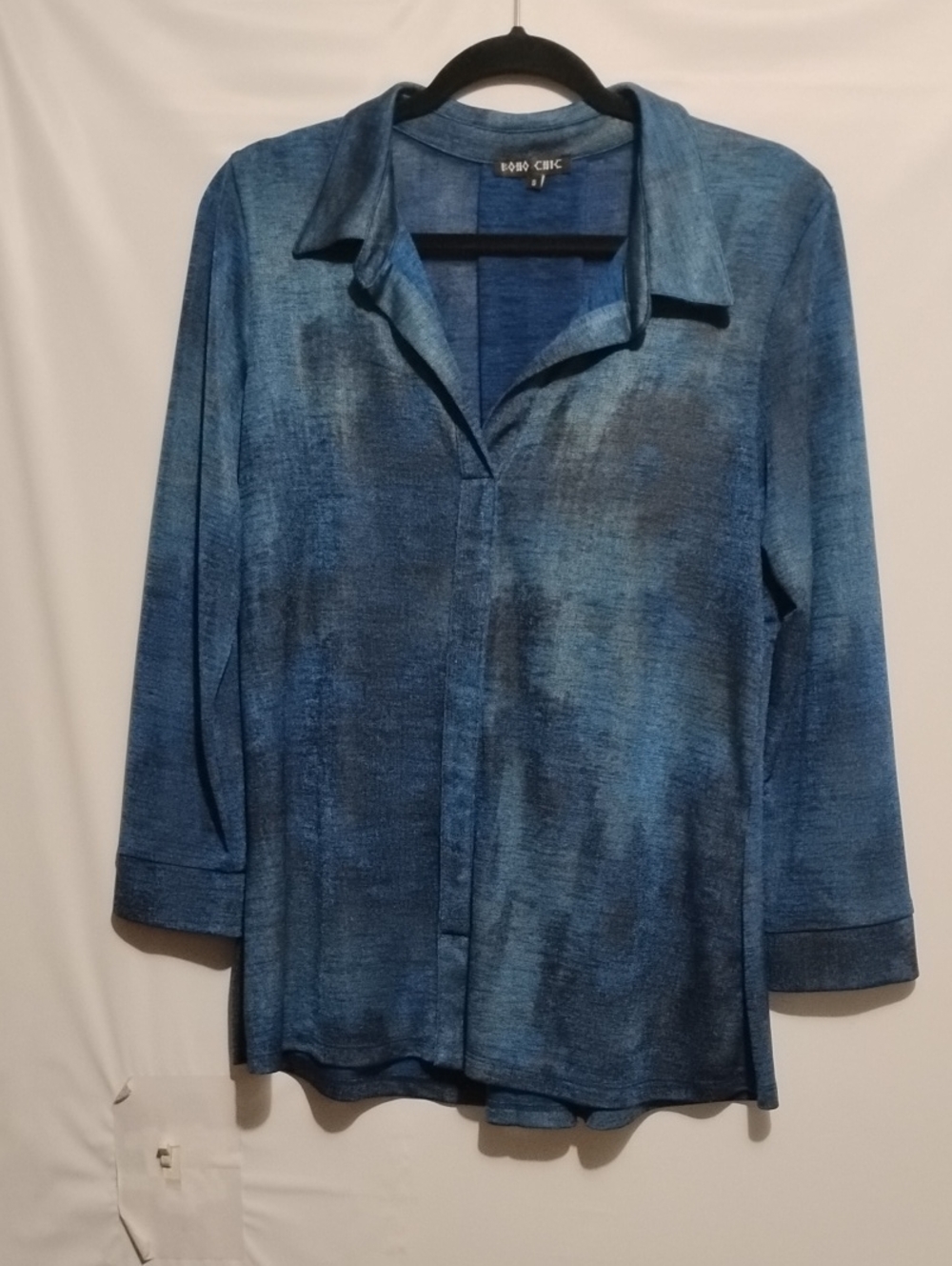 Boho Chic Blue Shimmery Print Space-Dye Collared Button-Down Tunic Top